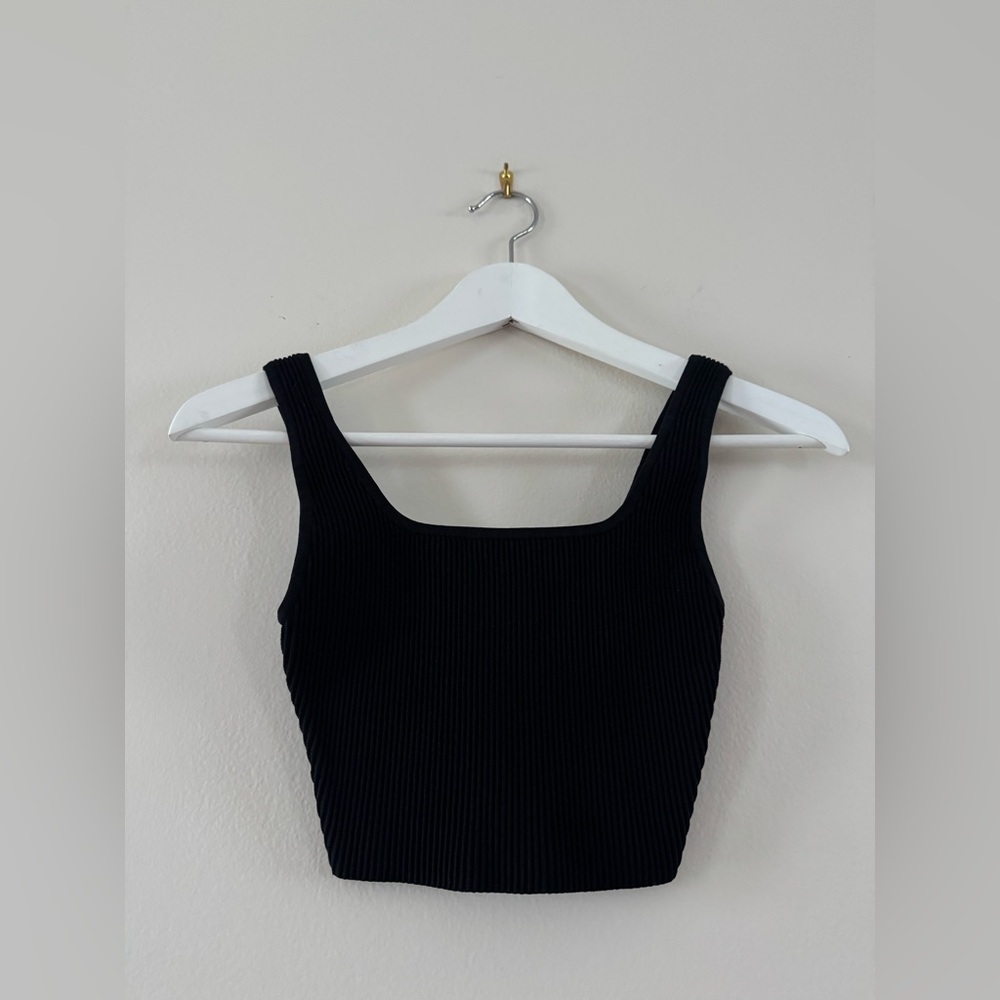 Aritzia Babaton - Black Ribbed Square-Neck Crop Tank Top